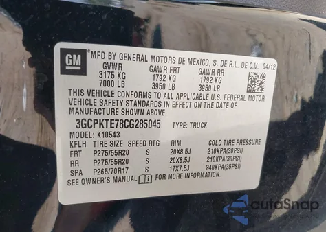 2012 Chevrolet Silverado 1500 Ltz из США, поврежденный, VIN 3GCPKTE78CG285045